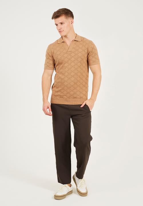 Brave Soul - Short Sleeved Open Collar Knitted Polo - Light Tan