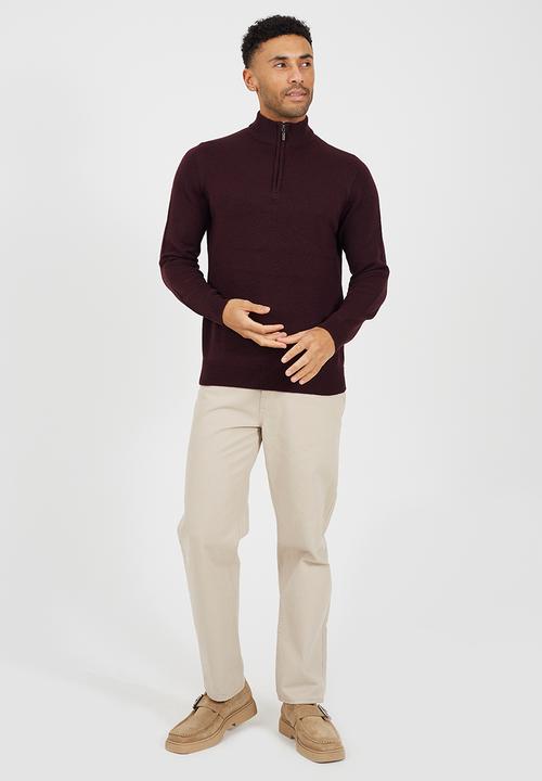 Brave Soul - Quarter Zip Funnel Neck Sweater - Oxblood