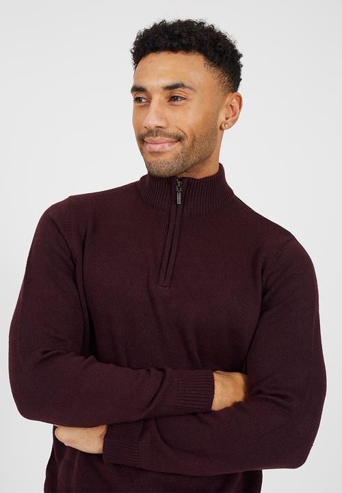 Brave Soul - Quarter Zip Funnel Neck Sweater - Oxblood