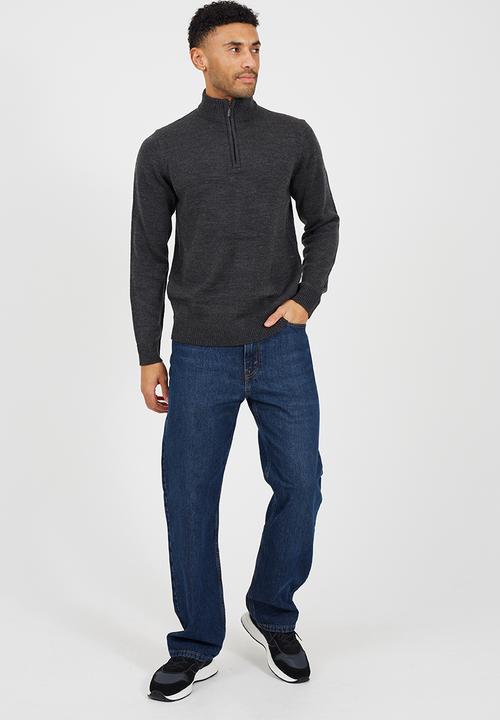 Brave Soul - Quarter Zip Funnel Neck Sweater - Dk Charcoal Marl