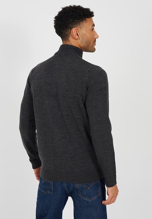 Brave Soul - Quarter Zip Funnel Neck Sweater - Dk Charcoal Marl