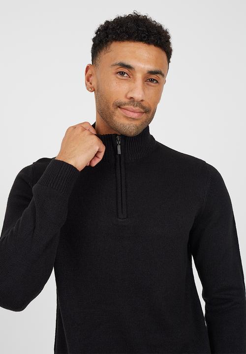 Brave Soul - Quarter Zip Funnel Neck Sweater - Jet Black