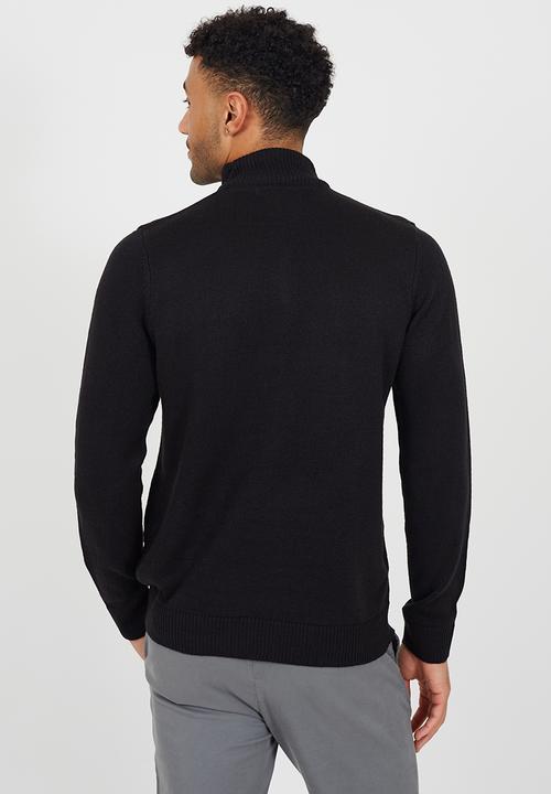 Brave Soul - Quarter Zip Funnel Neck Sweater - Jet Black
