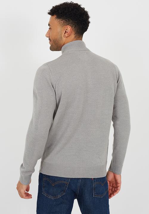 Brave Soul - Quarter Zip Funnel Neck Sweater - Silver Grey Marl 