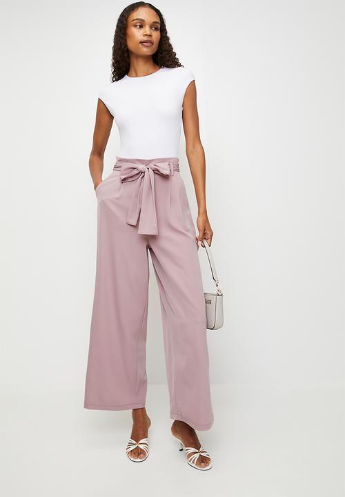 Izabel London - High Wasted Paperbag Trouser with Tie Belt - Dusty Pink