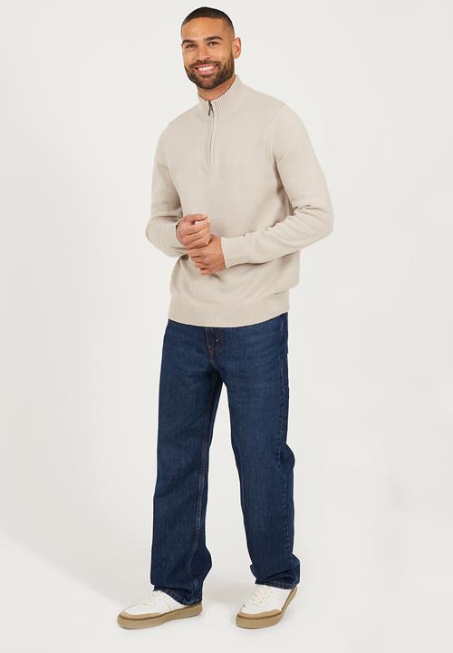 Brave Soul - Quarter Zip Funnel Neck Sweater - Stone