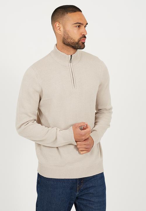 Brave Soul - Quarter Zip Funnel Neck Sweater - Stone