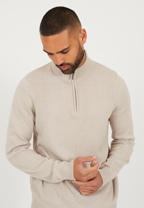 Brave Soul - Quarter Zip Funnel Neck Sweater - Stone