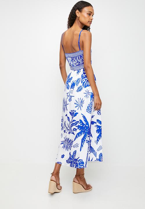 MANDI - Strappy boobtube pineapple print maxi a-line dress - blue