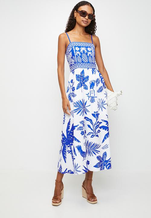 MANDI - Strappy boobtube pineapple print maxi a-line dress - blue