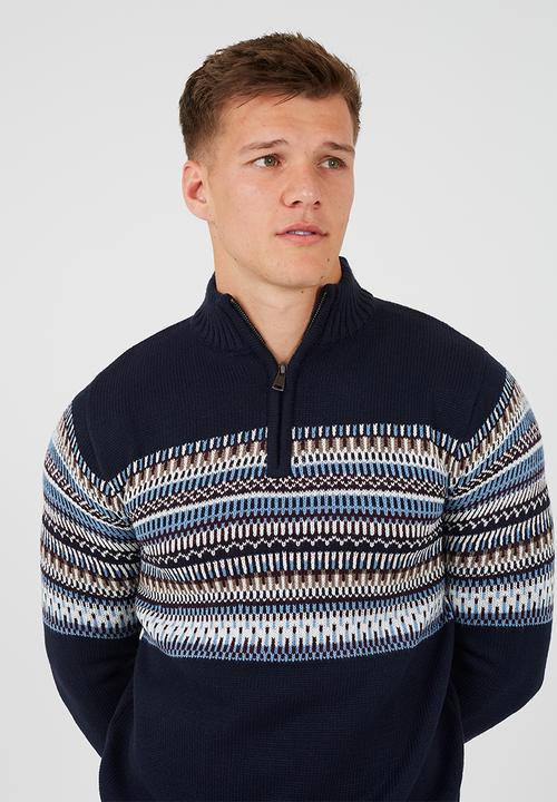 Brave Soul - Quarter Zip Funnel Neck Knitted Jumper - Midnight Navy