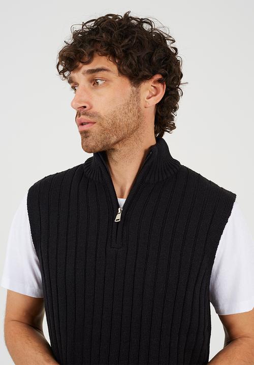 Brave Soul - Sleeveless Quarter Zip Funnel Jumper - Jet Black