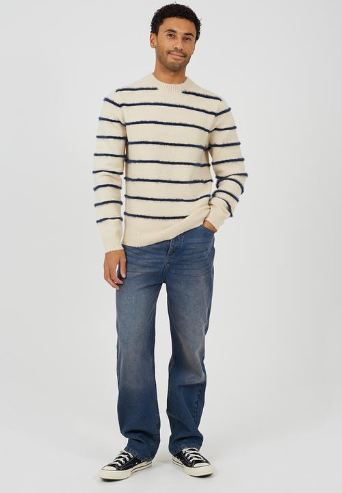 Brave Soul - Crew Neck Knitted Top - Ecru / Navy