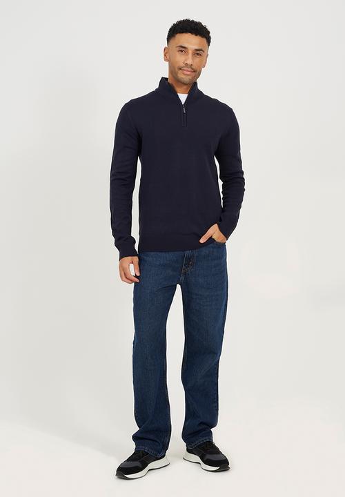 Brave Soul - 1/4 Concealed Zip Funnel Knitted Top - Midnight Navy