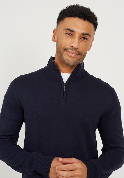 Brave Soul - 1/4 Concealed Zip Funnel Knitted Top - Midnight Navy