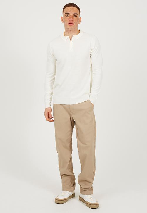 Brave Soul - Ribbed Collar 1/4 Zip Placket Top - Off White