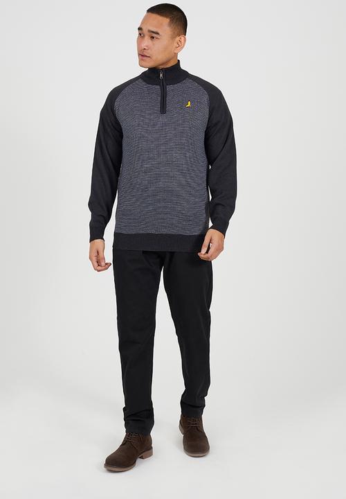 Brave Soul - 1/4 Concealed Zip Finnel Top - Dark Charcoal Marl / White