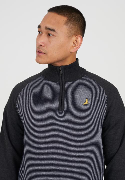 Brave Soul - 1/4 Concealed Zip Finnel Top - Dark Charcoal Marl / White
