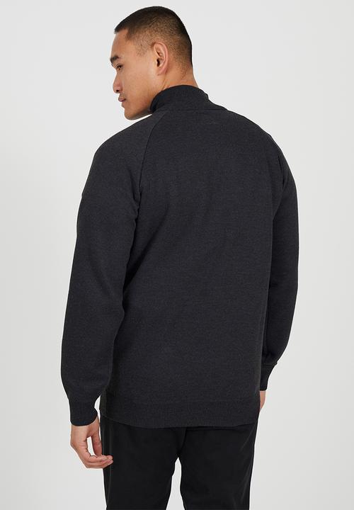 Brave Soul - 1/4 Concealed Zip Finnel Top - Dark Charcoal Marl / White