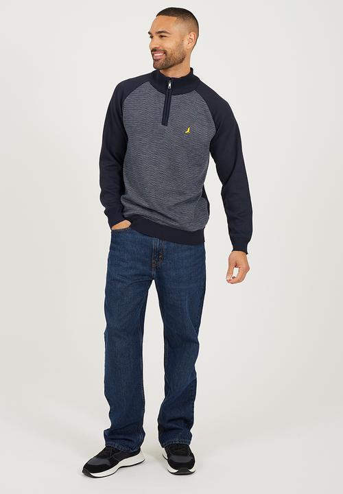 Brave Soul - 1/4 Concealed Zip Finnel Top - Midnight Navy / White