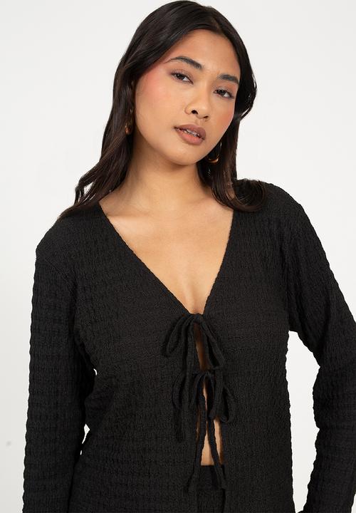 Brave Soul - Ladies Long Sleeve Tie Front Textured Jersey Top - Black