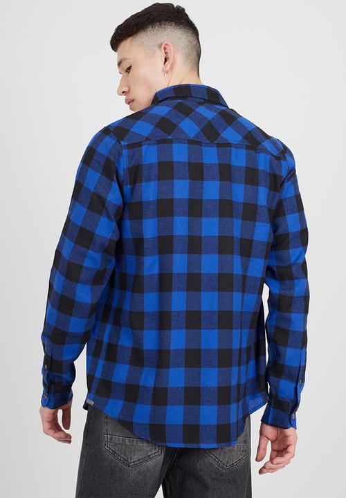 Brave Soul - Long Sleeve Shirt - Jet Black & Royal Check