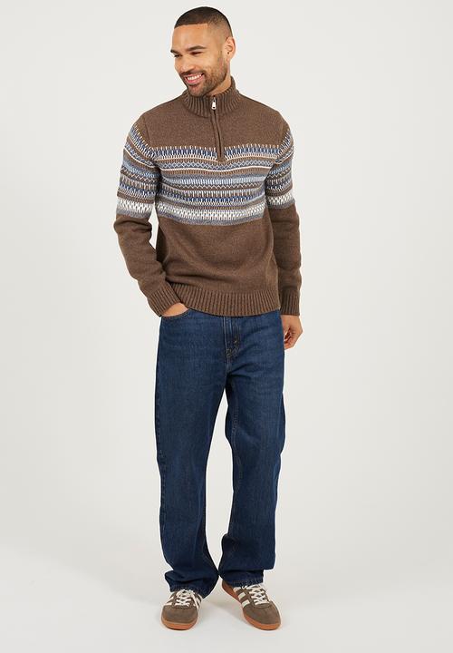 Brave Soul - Quarter Zip Funnel Neck Knitted Jumper - Brown Twist