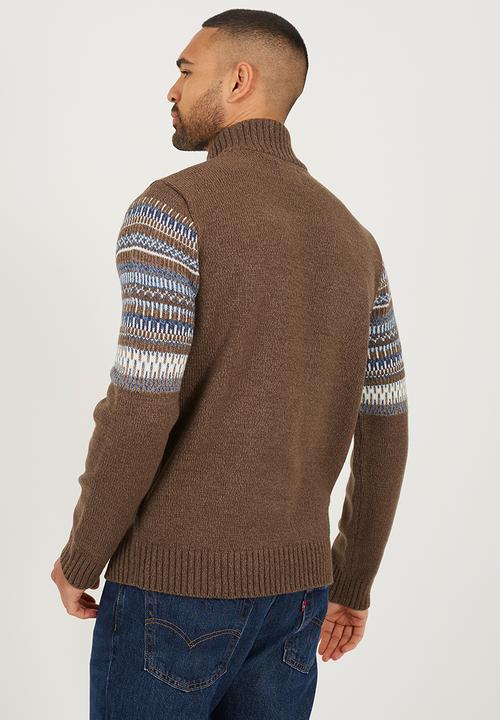 Brave Soul - Quarter Zip Funnel Neck Knitted Jumper - Brown Twist