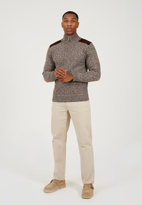 Brave Soul - 1/4 Zip Through Funnel Neck Jumper-  Brown & White Twist / Brown Suede