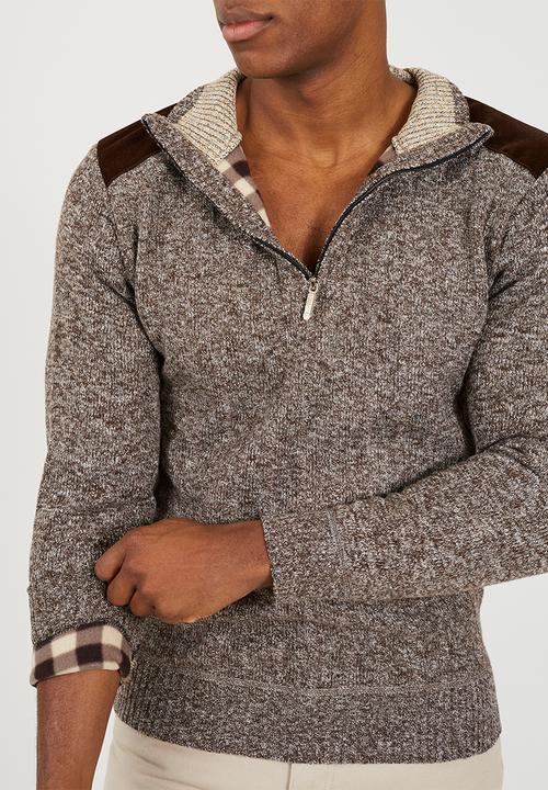Brave Soul - 1/4 Zip Through Funnel Neck Jumper-  Brown & White Twist / Brown Suede