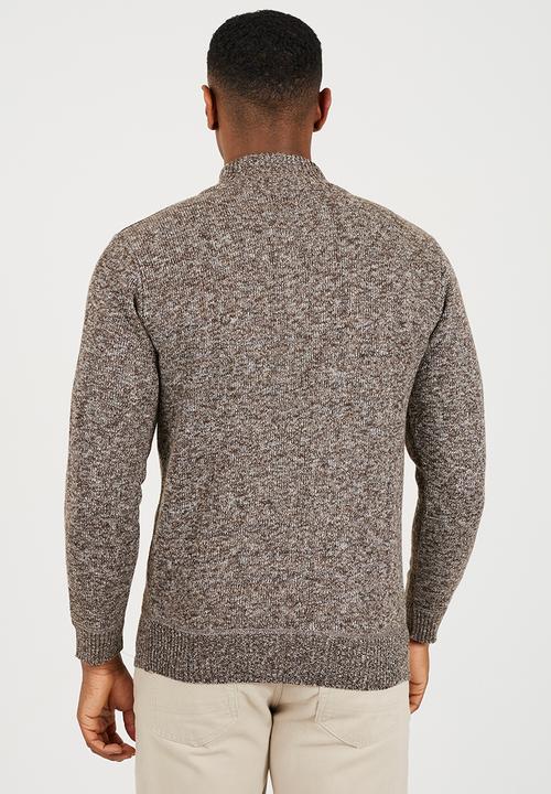 Brave Soul - 1/4 Zip Through Funnel Neck Jumper-  Brown & White Twist / Brown Suede