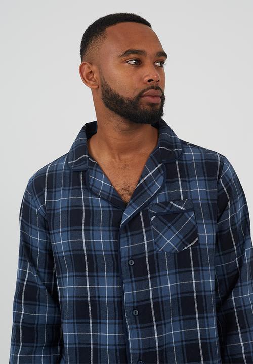 Brave Soul - Check Pj Set,Long Sleeve Collared Shirt And Matching Bottoms - Navy Check