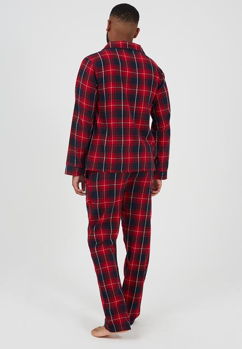 Brave Soul - Check Pj Set, Long Sleeve Collared Shirt And Matching Bottoms - Red/Navy Check