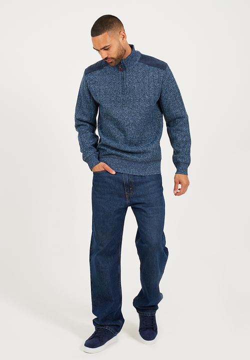 Brave Soul - 1/4 Zip Through Funnel Neck Jumper - Midnight Navy & White Twist / Midnight Navy Suede