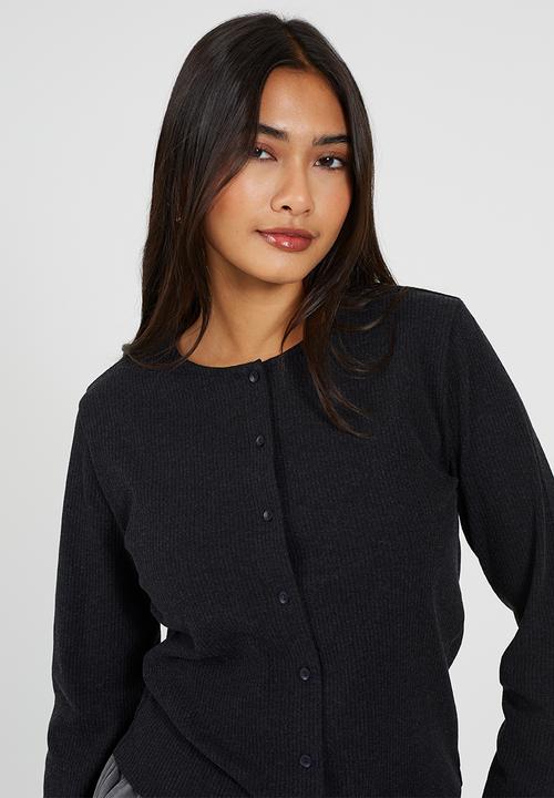 Brave Soul - Ladies Ribbed Button Down Long Sleeve Top - Charcoal Marl