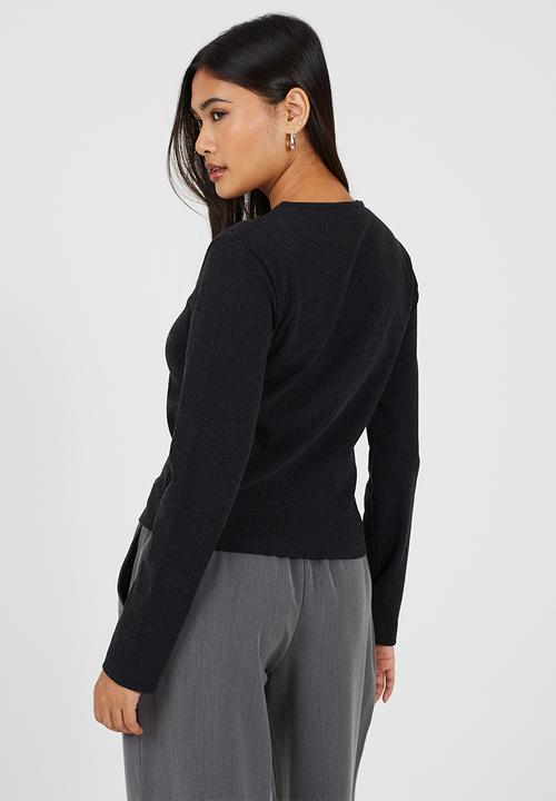 Brave Soul - Ladies Ribbed Button Down Long Sleeve Top - Charcoal Marl