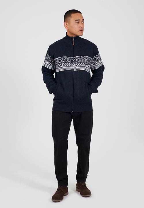 Brave Soul - Full Zip Through Funnel Neck Jumper - Midnight Navy & Denim Blue Twist / Ecru