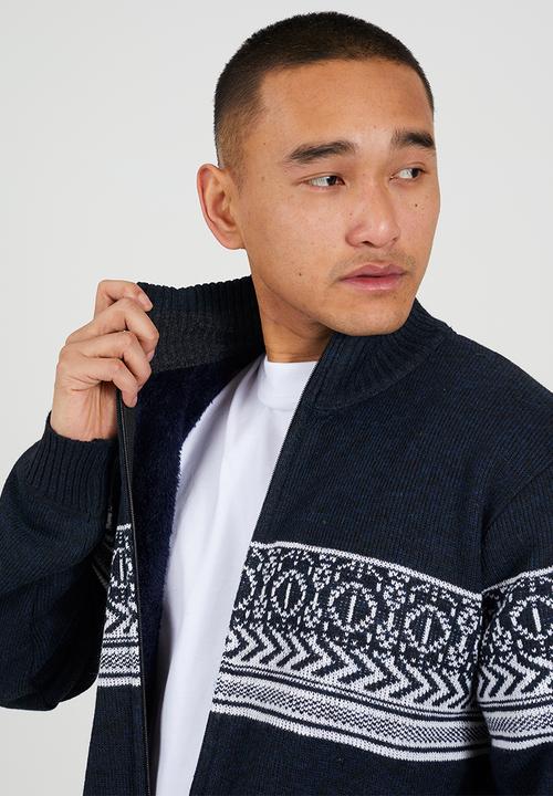 Brave Soul - Full Zip Through Funnel Neck Jumper - Midnight Navy & Denim Blue Twist / Ecru