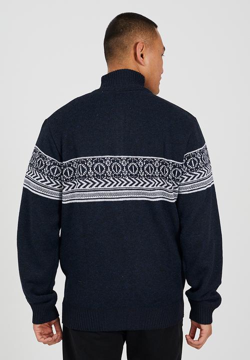 Brave Soul - Full Zip Through Funnel Neck Jumper - Midnight Navy & Denim Blue Twist / Ecru