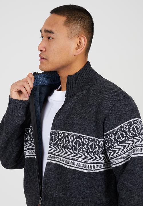 Brave Soul - Full Zip Through Funnel Neck Jumper - Midnight Navy & Denim Blue Twist / Ecru