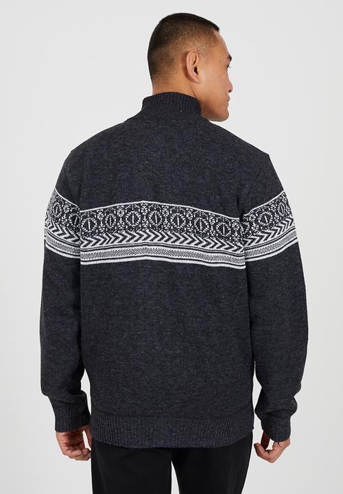 Brave Soul - Full Zip Through Funnel Neck Jumper - Midnight Navy & Denim Blue Twist / Ecru