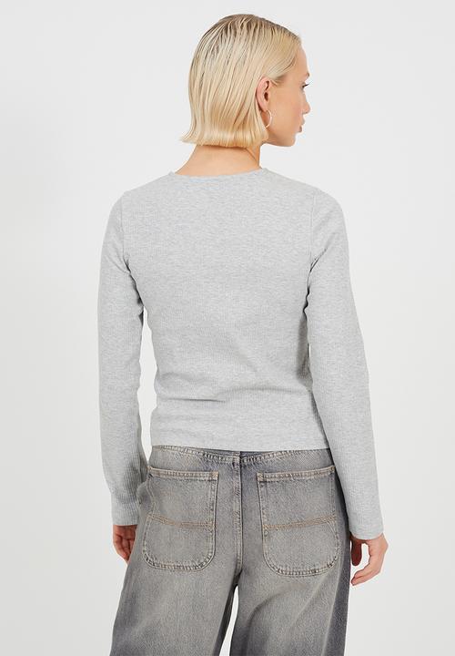 Brave Soul - Ladies Ribbed Button Down Long Sleeve Top - Grey Marl