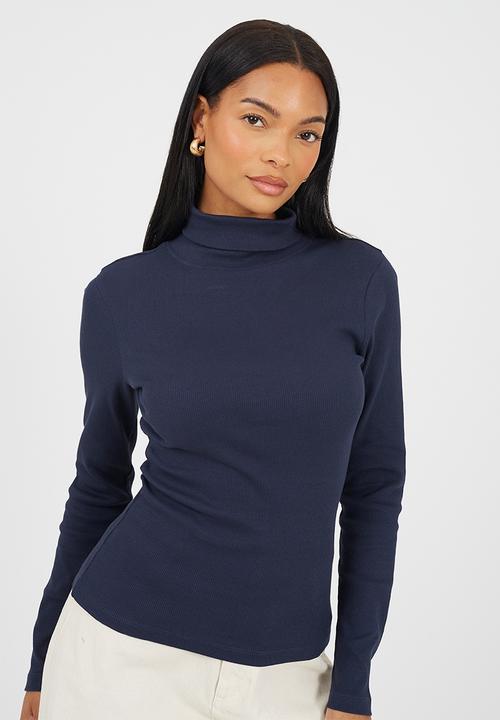 Brave Soul - Ladies Rib Roll Neck Long Sleeve Top - Dark Navy