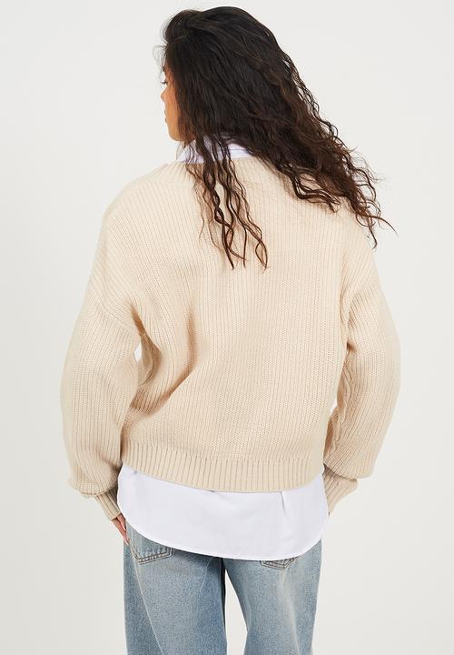 Brave Soul - Ladies Deep V Neck Fisherman Knit Jumper - Oatmeal