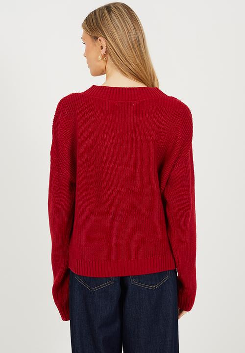 Brave Soul - Ladies Deep V Neck Fisherman Knit Jumper - Deep Red