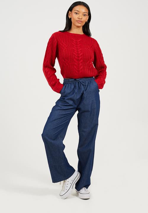 Brave Soul - Ladies Crew Neck All Over Cable Jumper - Red