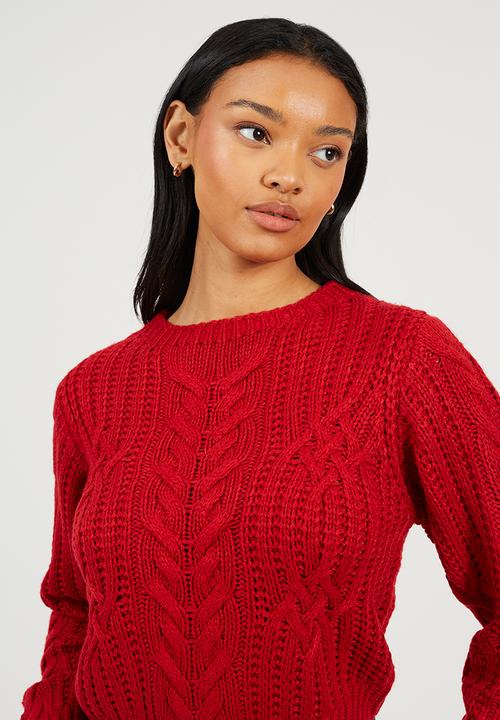 Brave Soul - Ladies Crew Neck All Over Cable Jumper - Red