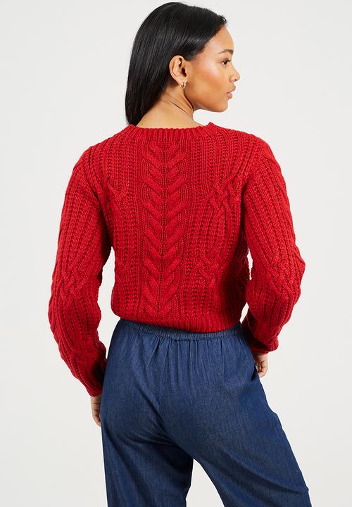 Brave Soul - Ladies Crew Neck All Over Cable Jumper - Red