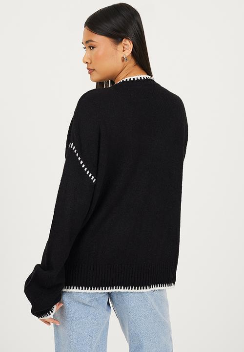 Brave Soul - Ladies Crew Neck Jumper - Black/Cream Stitching