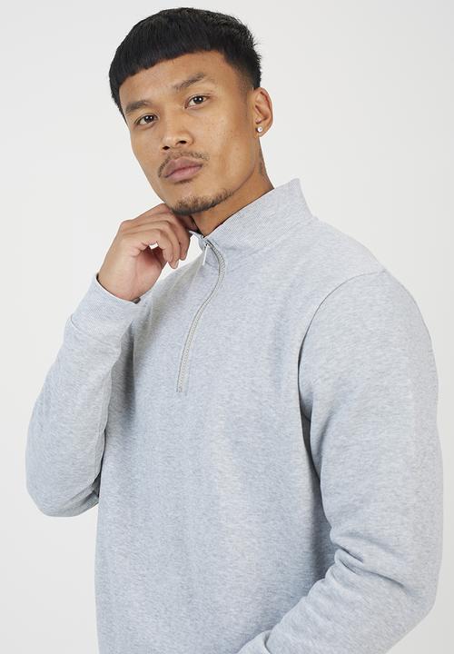 Brave Soul - Quarter Zip Funnel Neck Sweatshirt - Lt Grey Marl